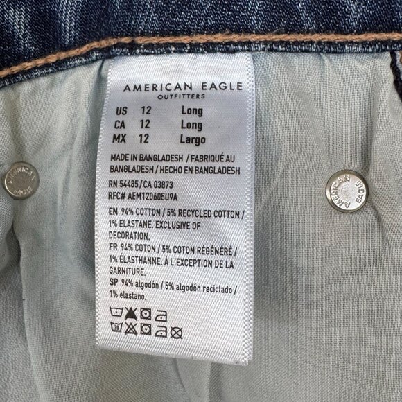 AE Stretch Low-Rise Baggy Wide-Leg Raw Hem Med Blue Denim Jeans Size 12 Long - Picture 14 of 15